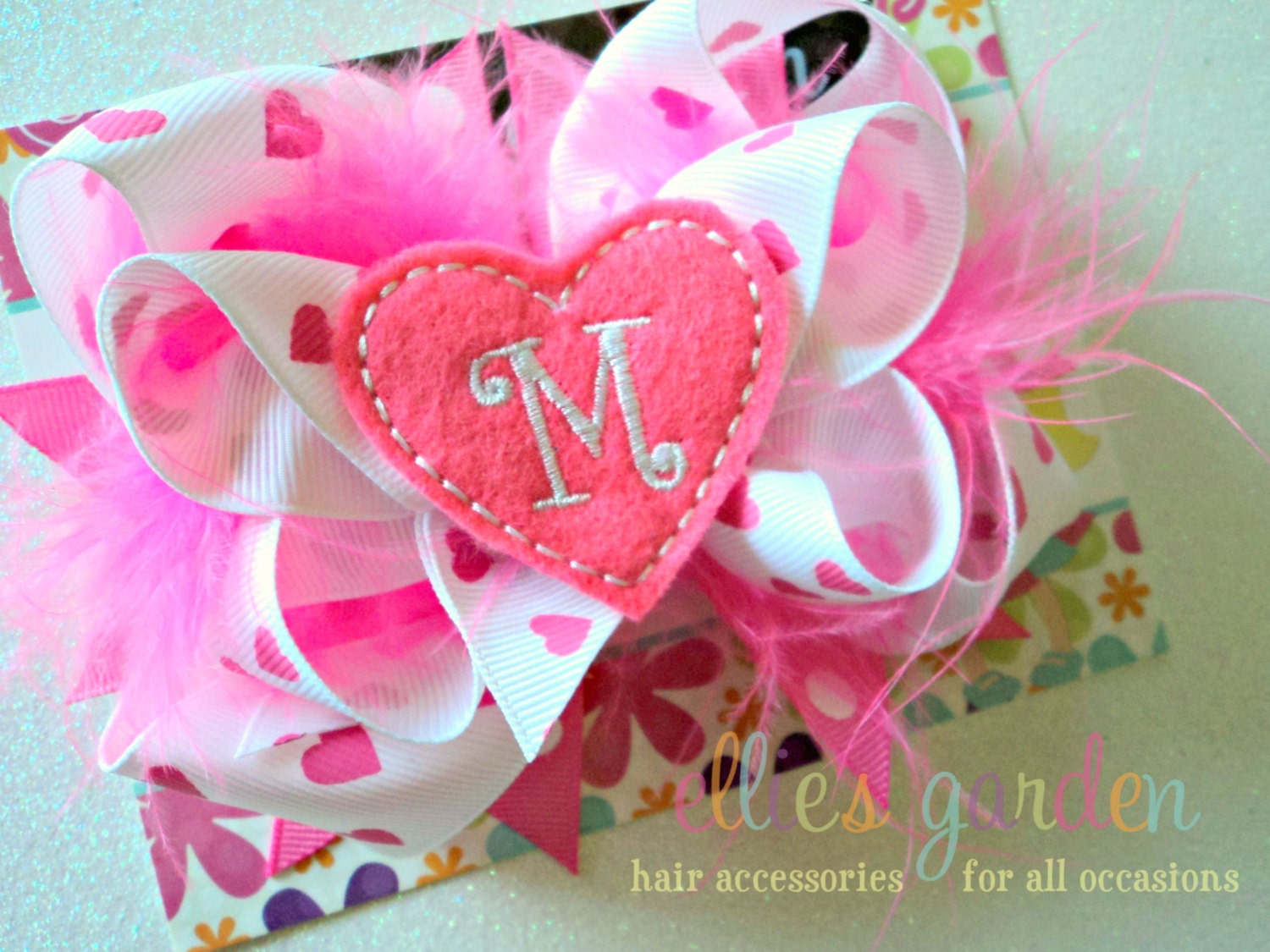 Valentine's Day Personalized Initial Embroidered Heart Boutique Style Hair Bow Pink and White