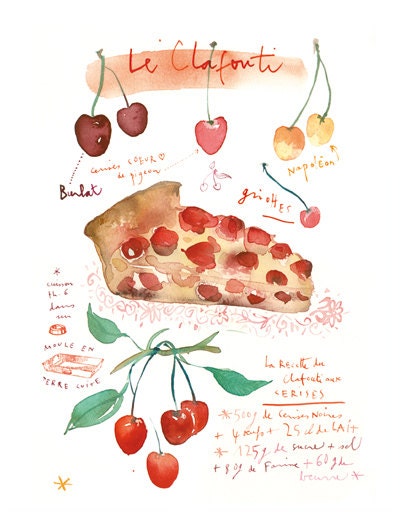 Kitchen art print Pie recipe illustration French Cherry cake 8X10 print Watercolor fruit poster Food art Red Home decor French kitchen