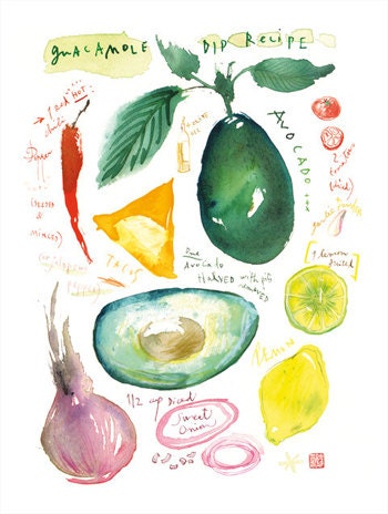Kitchen print, Guacamole recipe, Food illustration, Watercolor poster, Kitchen decor, 8X10 print, avocado, vegetable art