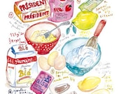 Kitchen art print French cake recipe Madeleines illustration Watercolor food poster Bakery