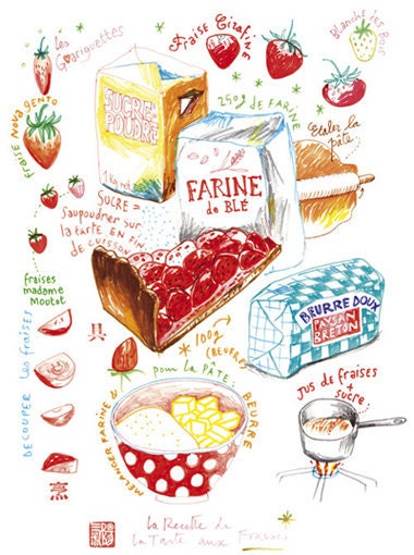 Kitchen art recipe print, 8X10 Food poster, Strawberry pie illustrated recipe, French bakery drawing, Red, Kitchen decor, cake art