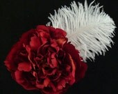 Flapper Flower  Headpiece / Red peony with ostrich feathers bridal flower hair clip
