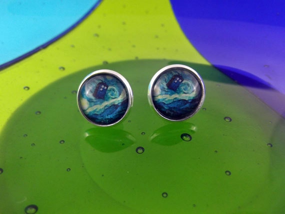 Doctor Who Van Gogh earrings Starry Night TARDIS earrings silver post earrings
