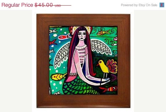 50%  OFF SALE - Framed Ceramic Tile - mermaid Art Tile Framed -  Mexican Folk Art Gift - READY To Hang