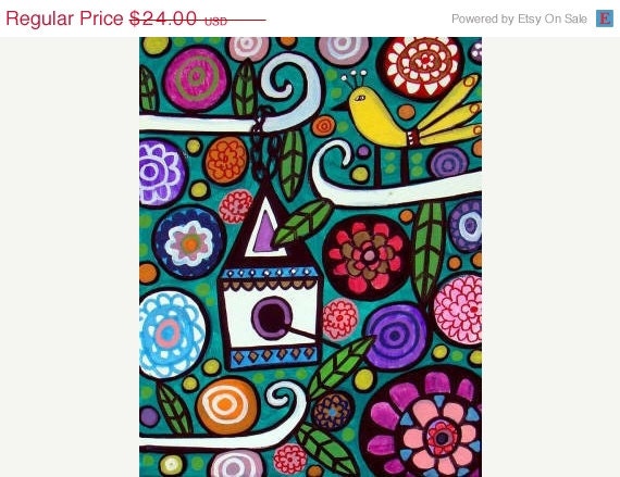 50%  OFF SALE - 11x14 Bird Art - Birdhouse Folk Art Print Poster of Painting