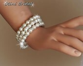 Bridal jewelry - Swarovski Pearl 3 strand Bracelet with Rhinestones - pick your pearl color