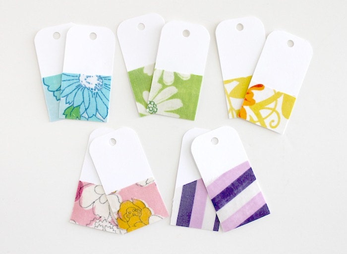 Vintage Fabric Covered Shipping - Gift - Hang Tags Small 10 pack - Blue, Pink, Purple, Yellow, Green