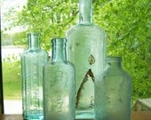 Lot 4 Vintage Aqua Glass Apothecary Bottles Embossed 4.5-9" Eastern Shore MD Repurpose z