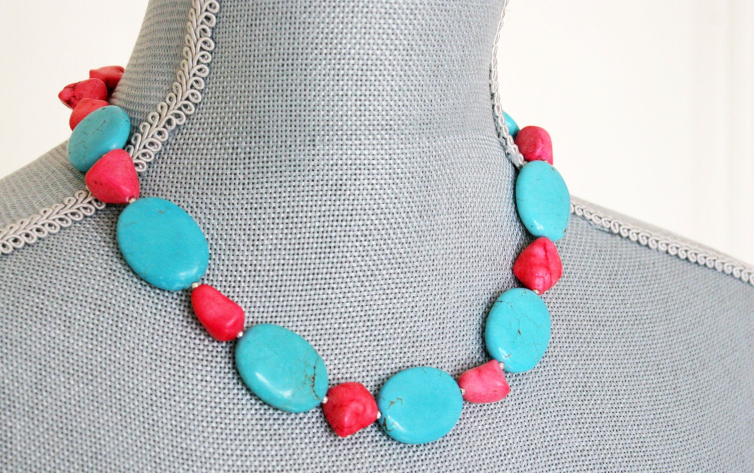 TURQUOISE Necklace stone blue silver pink pastel metal boho teal birthday for her big large beaded chunky stone oval strand neon