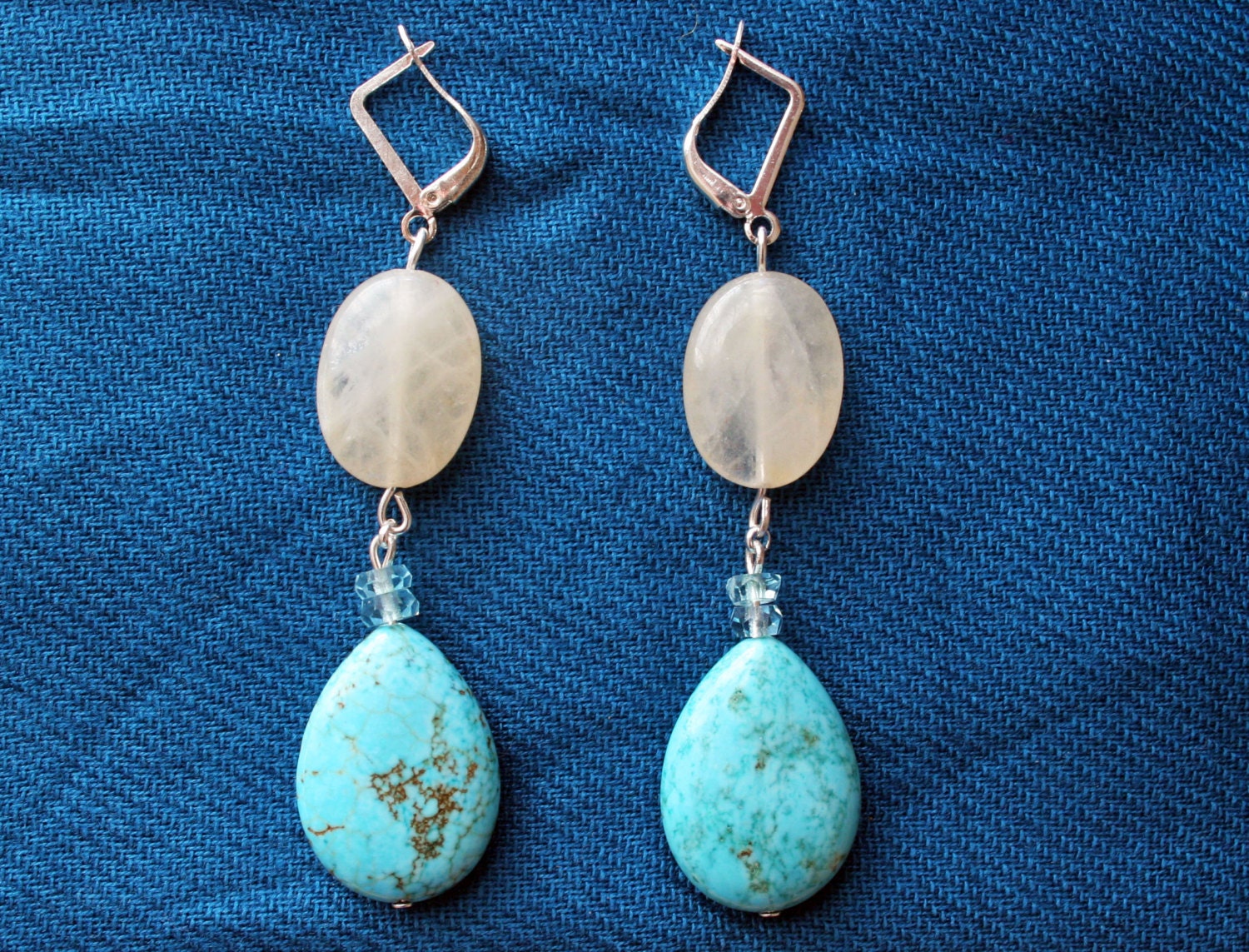 TURQUOISE earrings stone silver plated bohofor her delicate minimalist dangle drop long beach valentines quartz beige swarovski crystal blue