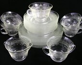 Vintage 1930s MacBeth Evans S Pattern Crystal Stippled Rose Depression Glass Luncheon Set  - Free USA Shipping