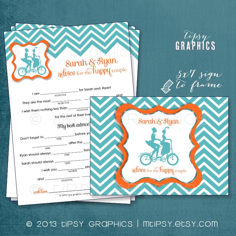Vintage Couple. Tandem Bike. Chevron Wedding Madlib Advice Cards. Printable Cards. By Tipsy Graphics. Madlib. AdLib. Bridal Shower Wishes Il_570xn