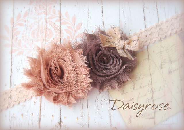 MOCHA SWIRL Shabby Rosette headband on beige lace headband for baby toddler, child, to adult photo prop hand stamped ribbon