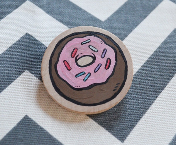 Donut Brooch Handpainted Wood Pink Chocolate