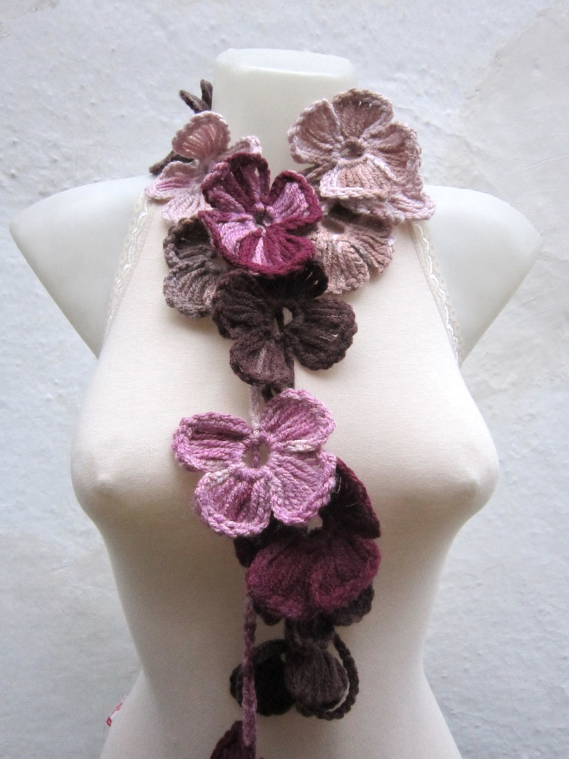 Handmade crochet Lariat Scarf  Brown Pink Burgundy  Flower Lariat Scarf Colorful Variegated Long Necklace  winter fashion