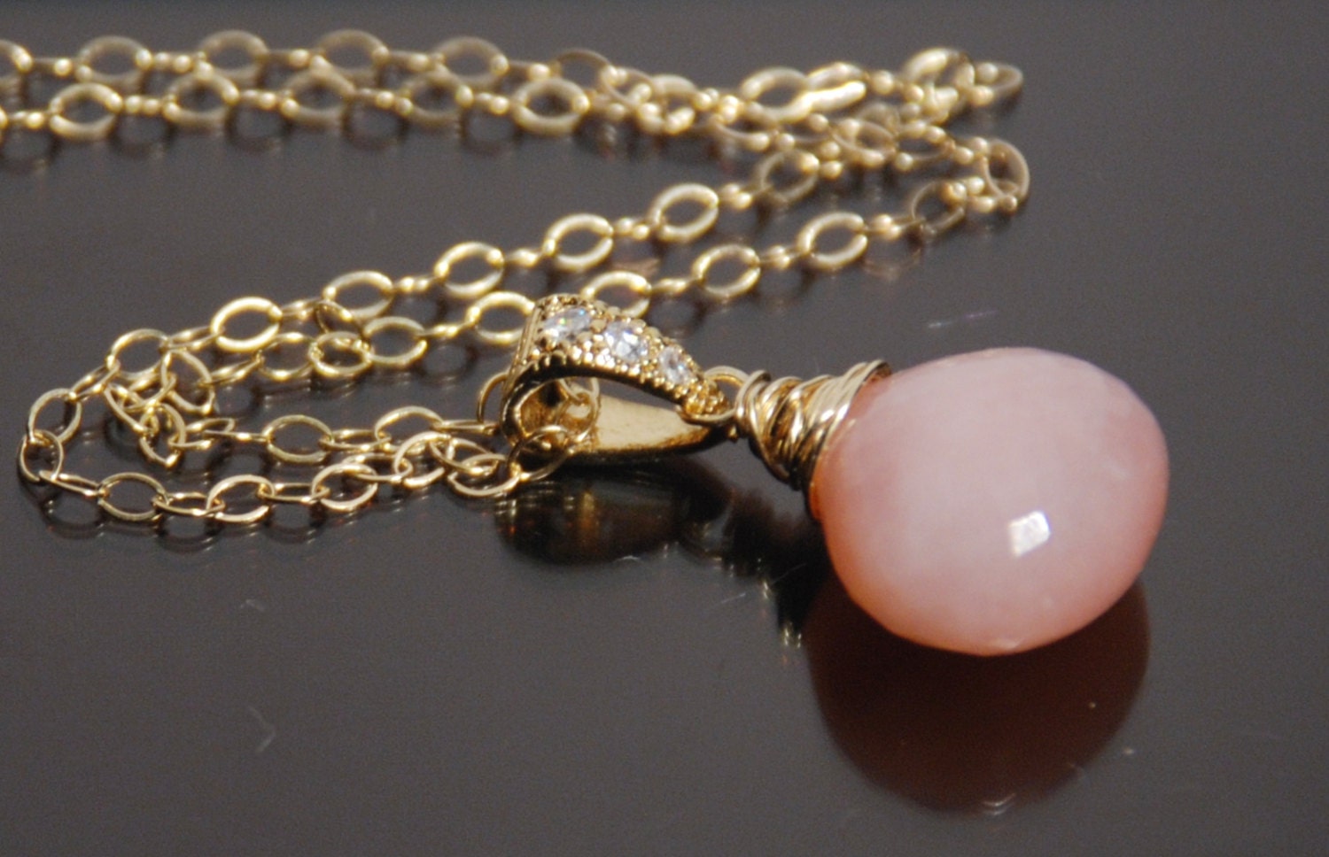Pink opal pendant necklace with 14K gold filled chain, October birthstone necklace, pink necklaces, genuine grade AAA gemstones