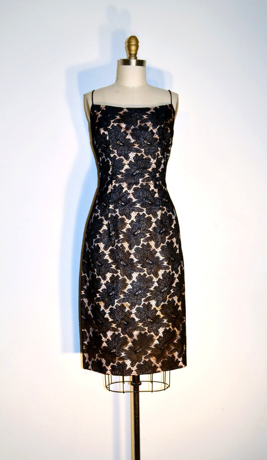 Vintage 50s Lace Dress - 1950s Cocktail Dress - Floral Black Lace