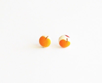 Teachers Pet - upcycled vintage fruit scarf - Repurposed Covered Button Earrings - oranges - cherries - apples - teacher gift - front page
