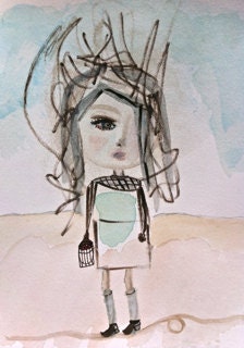 Ava with Wild Hair Rasberry Basket and Mod Shift Dress -Original Mixed Media-Sky Blue-Aqua-Cream-Beige- Sepia with a little Gray
