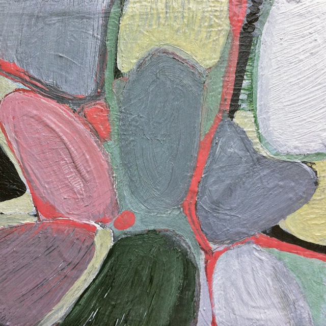 OOAK-Abstract  Painting on Canvas- Modern  Decor- Small -Gray White-Bright Yellow Bright and Pale Coral-Greens and Black Black and Green.