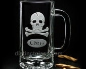 Set of 8 SKULL and CROSSBONES Personalized BEER Mugs - Wedding / Gothic / Day of the Dead / Halloween / Pirates - 16oz Custom Etched Glasses