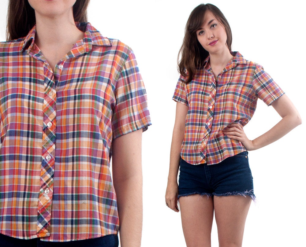70's Plaid Blouse Small Button Up Shirt Thin Summer Hipster Boho