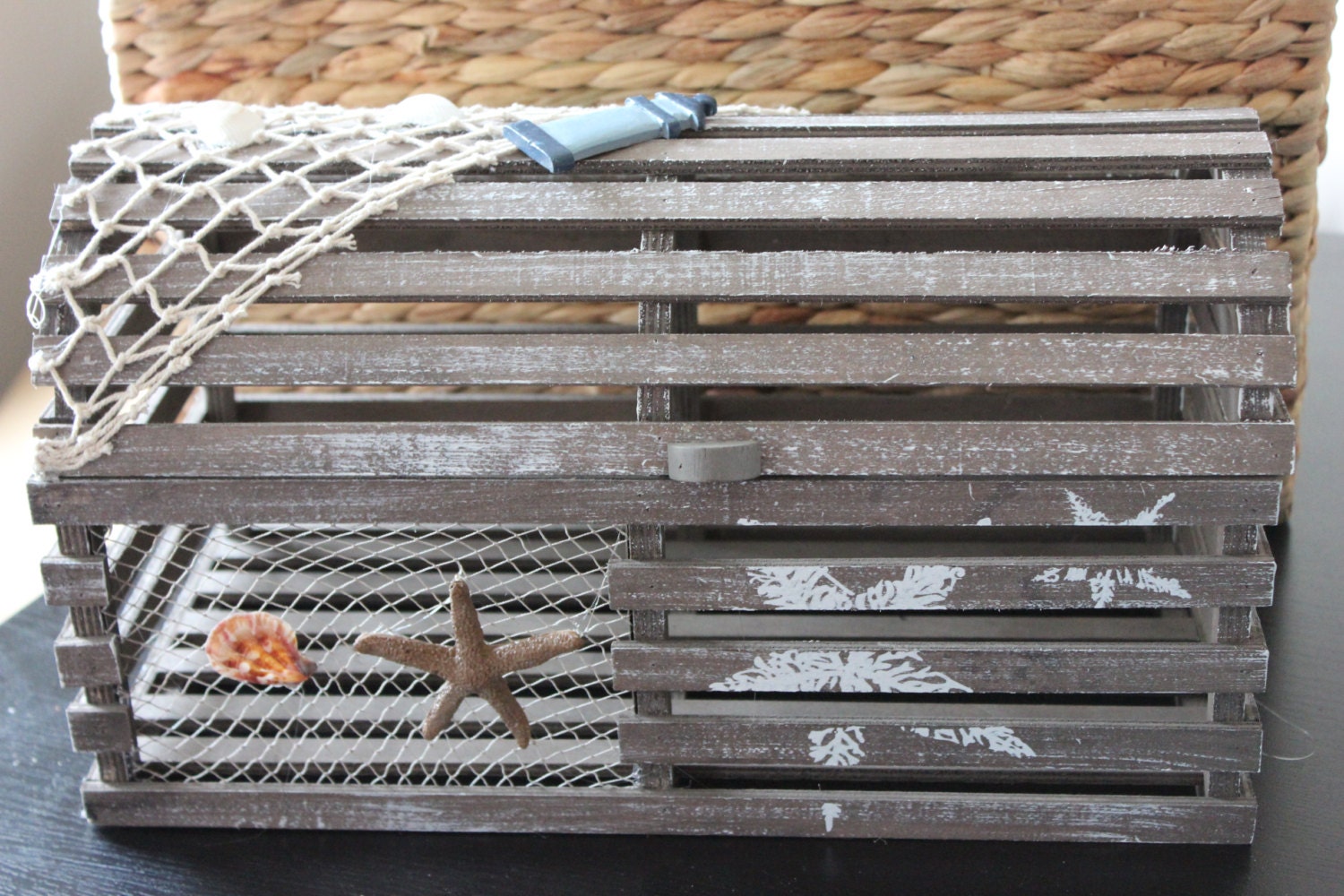 LOBSTER TRAP CARDBOX Card Box Holder Brown Wood Centerpiece Decoration Cage Beach Wedding Nautical Starfish Seashells Destination