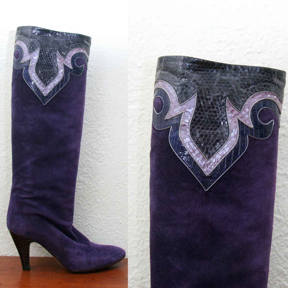 Vintage 80s Andrea Pfister Purple Suede Boots With Snakeskin Trim 7-7 1/2