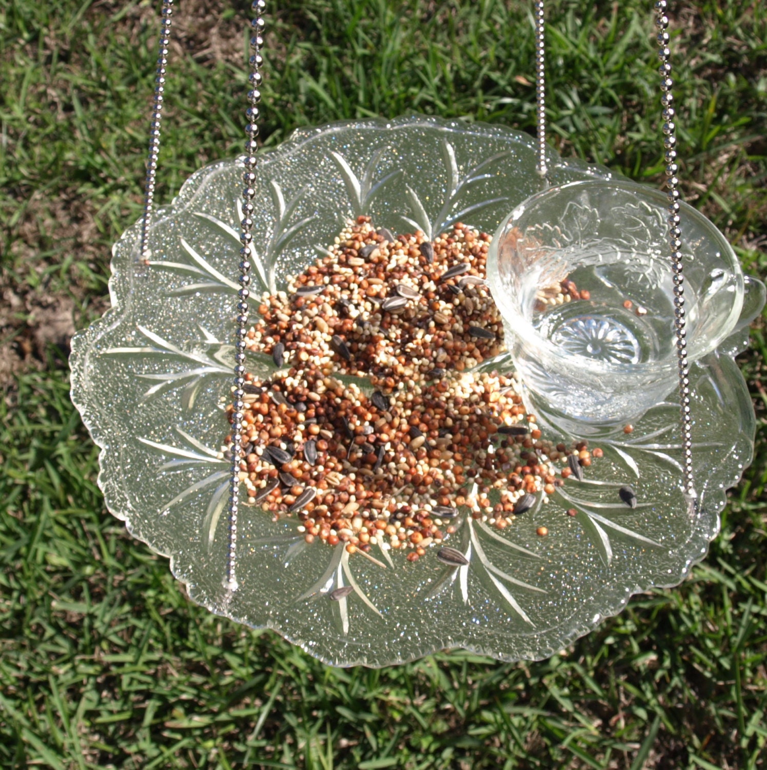Vintage Punch Cup Leaf Hanging Bird Feeder Glass repurposed