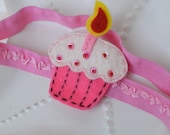 First Birthday Cupcake Headband- Pink Cupcake with Ruffled Headband