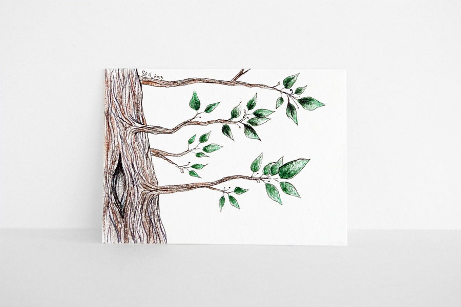 Original Tree Illustration ACEO - Green Leaf and Brown Bark and Branches - Original Ink Pen Drawing - Nature Illustration