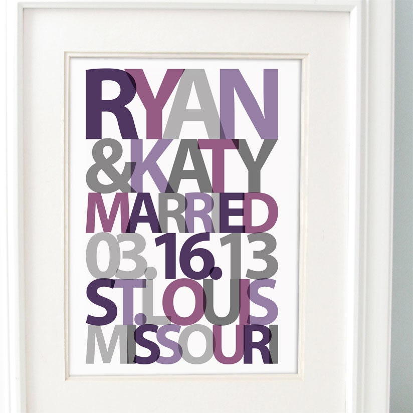 Custom Wedding Gift - Couples Names Wedding Date with Typography 8x10 print Purple Wedding Decor