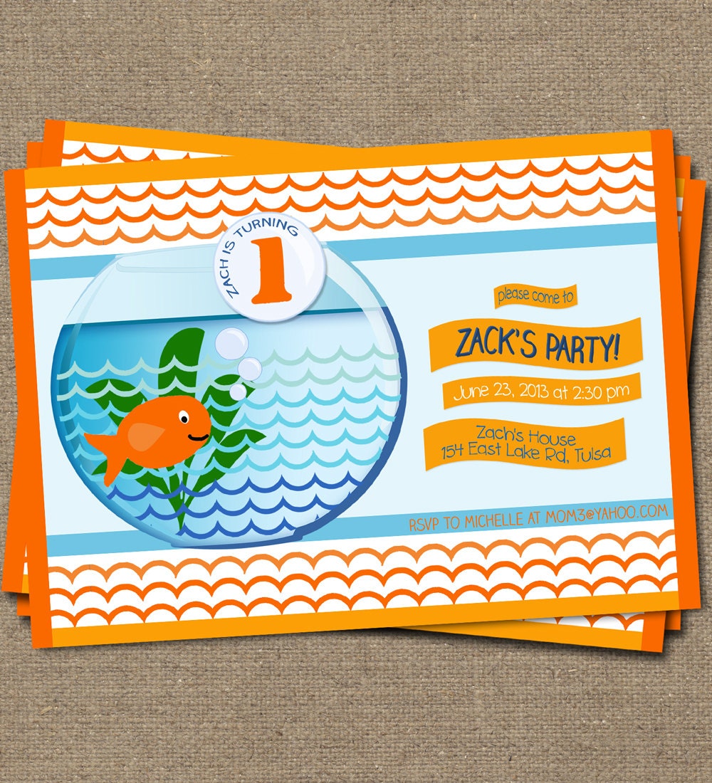 Printable Goldfish Birthday Invitation, Orange, Blue, 5x7, 4x6, Child's Party, Fishbowl, Fish