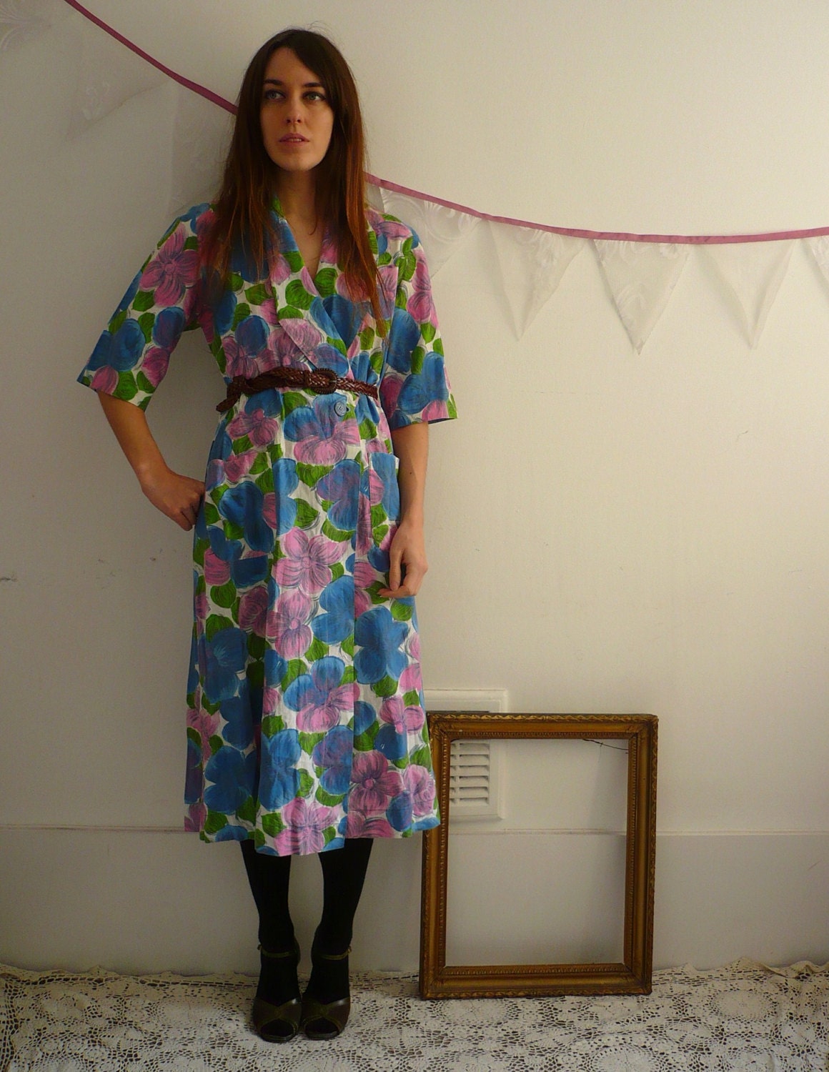 1950's Vintage Printed Cotton Day House Dress Size S/M