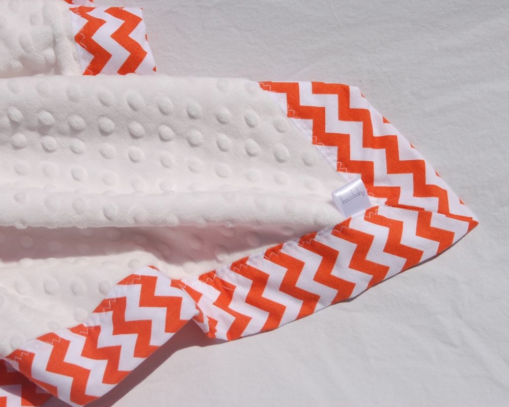 Minky Baby Blanket- Gender Neutral Chevron Blanket - Orange Chevron with White dimple dot minky - Small Chevron -Ready to Ship