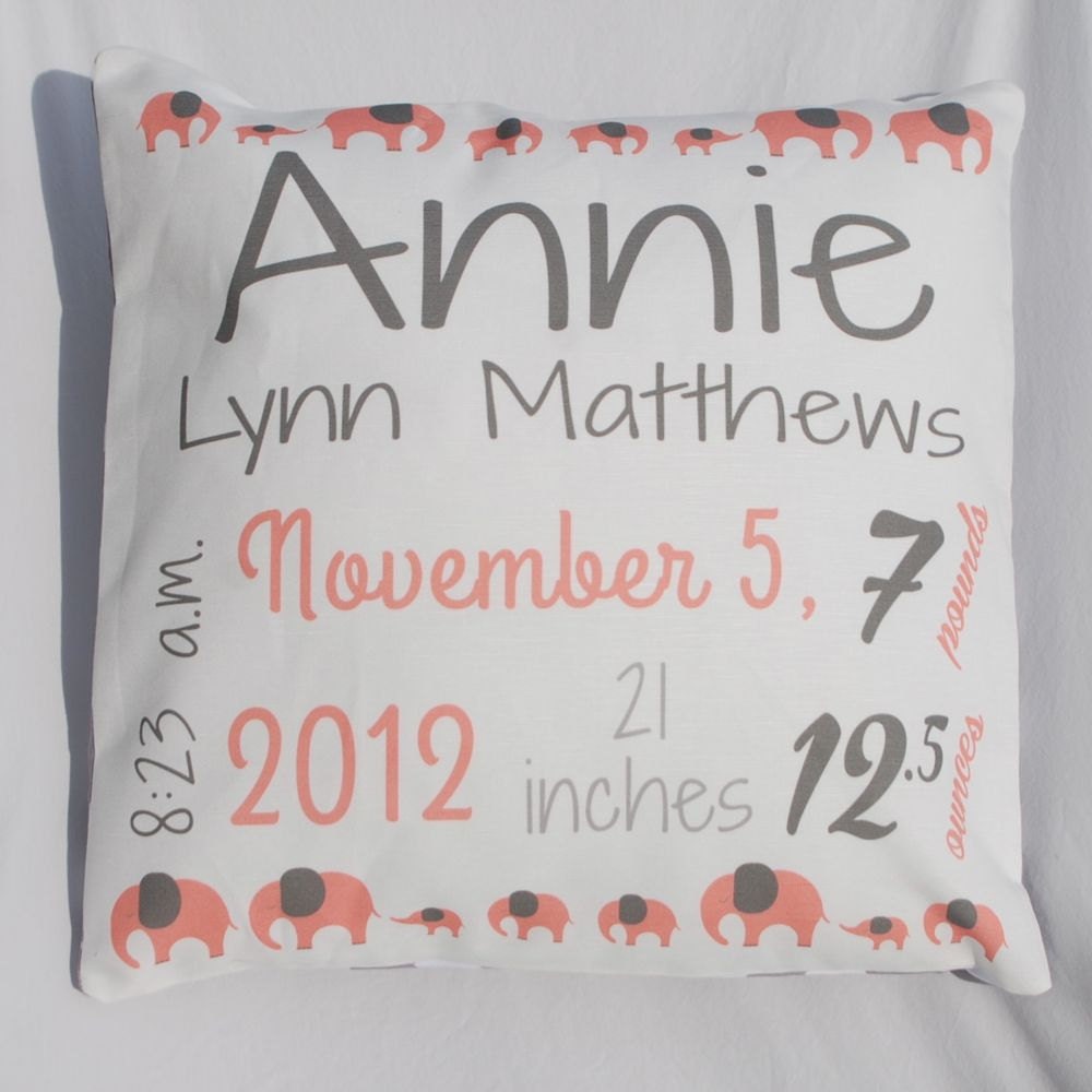 Welcome Baby Girl Birth Announcement Pillow - Coral and Grey- 10" x 10" - Birth Stat, Baby Shower Gift, Photo Prop