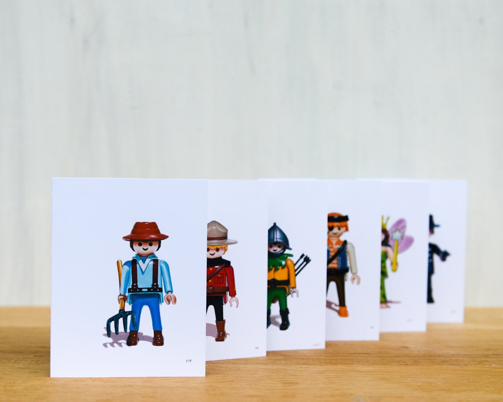 Toy Art Note Cards - Playmobil, Set of Any 6, stationery, kids' toys, collectible toys