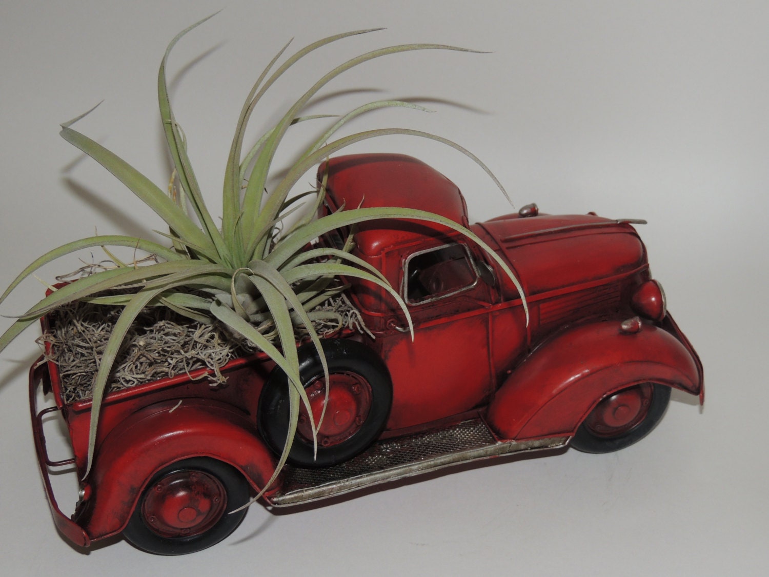 Red metal truck planter with large air plant. Great gift for Dad.