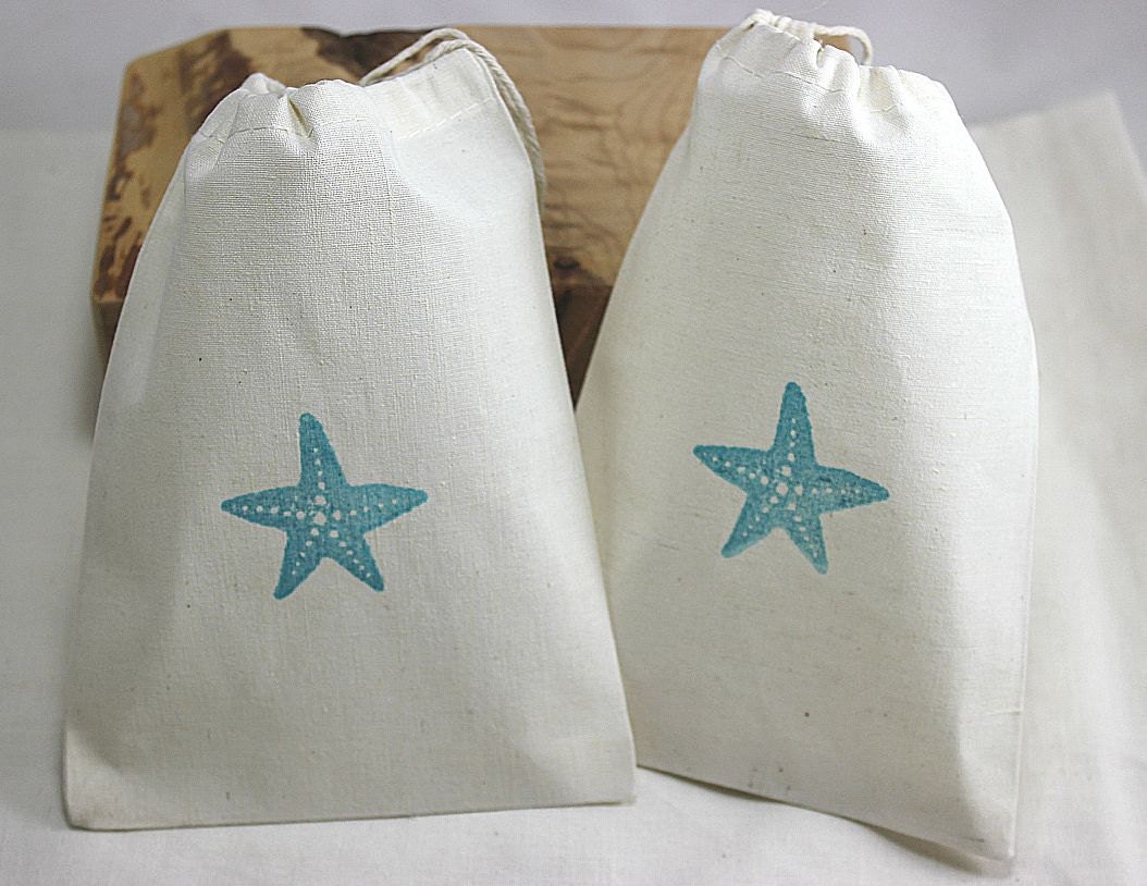 10 Teal Blue Starfish Organic Muslin Cotton Favor Gift Bags - Perfect for Beach Weddings 5x7 inch Il_570xn