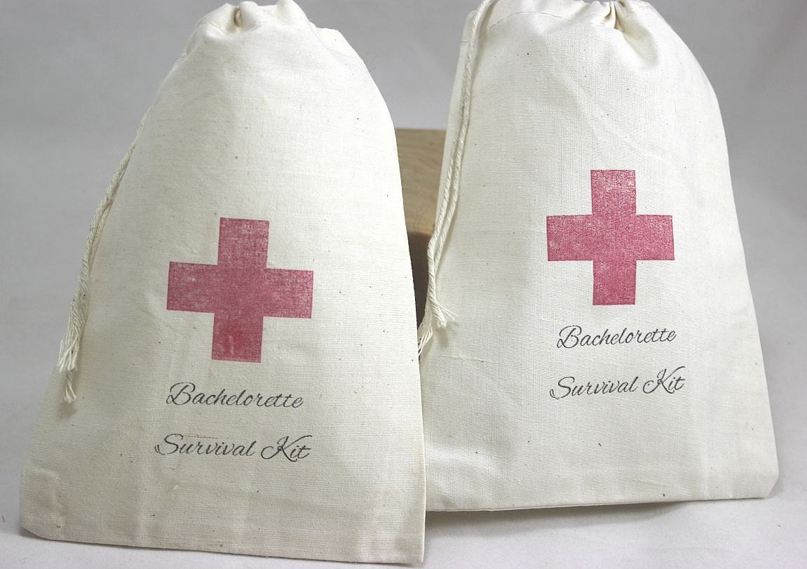 15 Bachelorette Survival Kit / Red Cross - Organic Cotton Drawstring Bags - Great for Bachelorette 5x7 inch Il_570xn