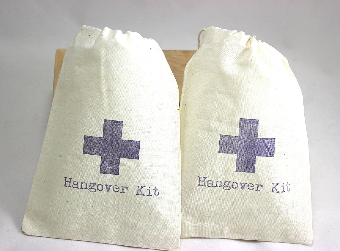 10 Hangover Kit / Red Cross in Purple- Organic Cotton Drawstring Bags - Great for Bachelorette or Bachelor Parties 5x7 Il_570xn