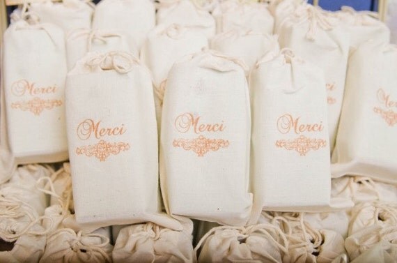 100 Muslin Favor Bags - Orange Merci 3x5 organic cotton Gift Bags Thank you in French - You choose ink color Il_570xn