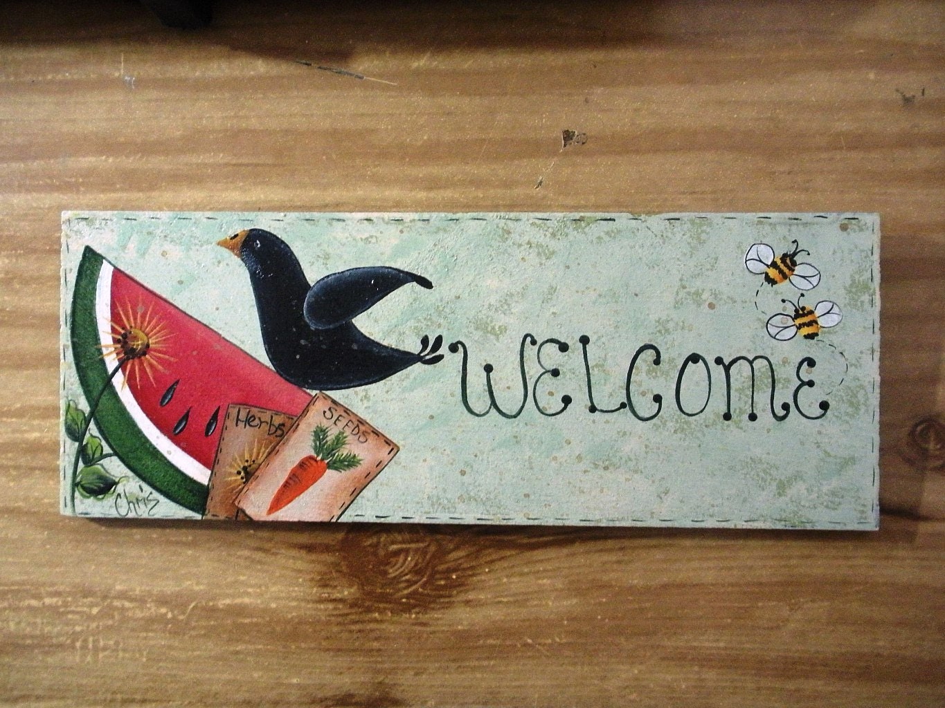 Welcome Wooden Sign Hand Painted Prim Crow Country Garden Personalized Tole Folk Art Outdoor Home Decor Wall Hanging