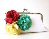 Colorful Summer Floral Wedding Clutch in Light Amethyst Green, Daffodil Yellow, and Strawberry Red- Made to Order