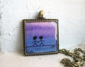 Best Friends Friendship Necklace - Holding Hands on Purple Sunset Pendant, Watercolor Art Necklace, Hand Painted Necklace