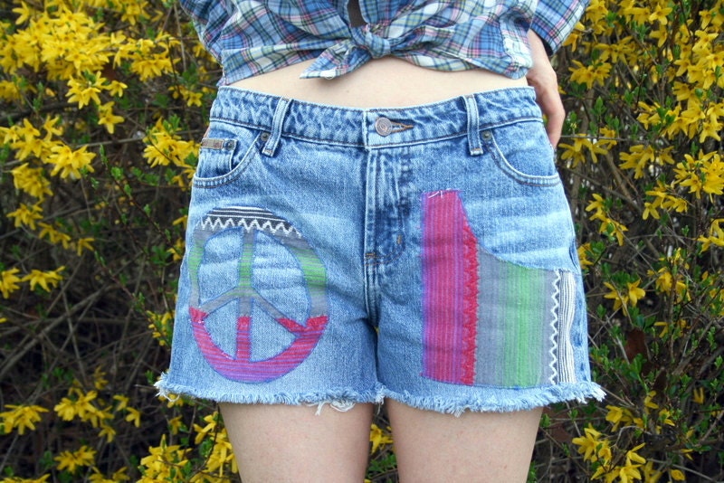 Upcycled Denim PEACE Jean Shorts Cut Offs Womens M Size 11 One of a Kind