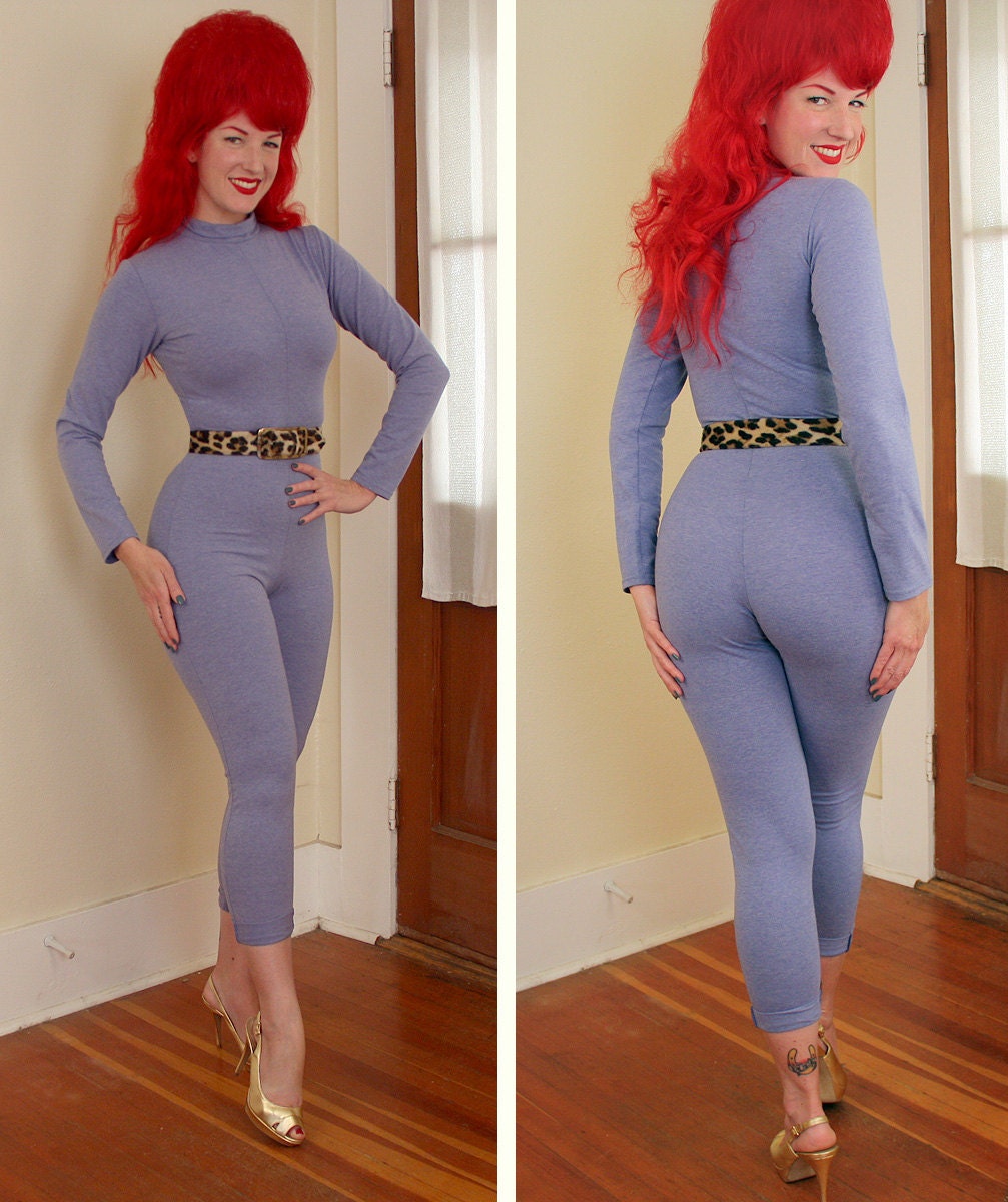 BAD GIRL Bombshell 1950's Style Stretchy Matte Jersey Knit Hourglass Form Fitting One Piece Catsuit Jumpsuit - Beat Girl - VLV - Size S to M
