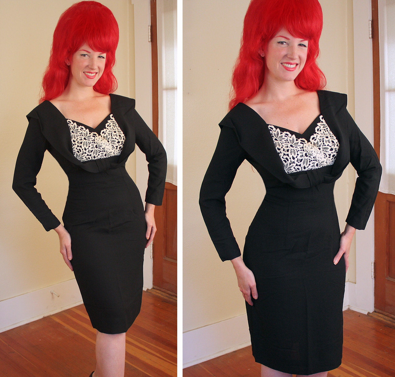 SOPHISTICATED Bombshell 1950's Inky Black Rayon Crepe Hourglass Cocktail Dress w/ Cream Lace 3D Shelf Bust by Elegant Miss - Size M to L