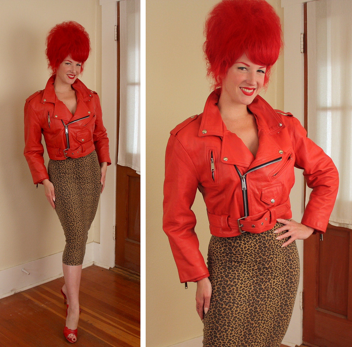 BAD GIRL Lipstick Red Leather 1970's Rock n' Roll Punk Rock Cropped Leather Jacket w Cinched Belted Waist & Zippers by Jarvis Bond - Size XL