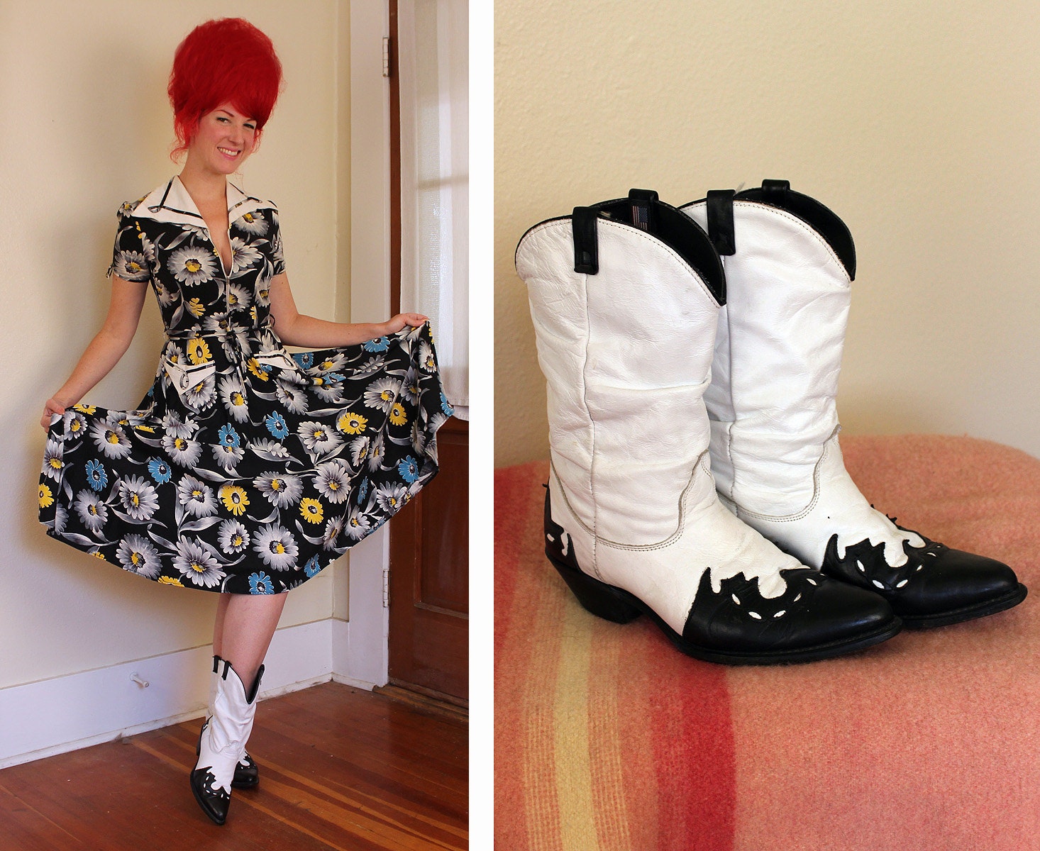 KILLER 1980's does 1950's 2 Tone White w/ Black Detailed Cut-Outs Cowboy Boots by Dingo - Made in the USA - Rockabilly Honky Tonk - Size 8 M